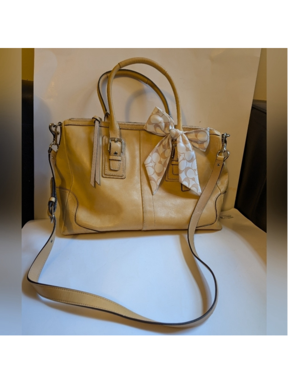 Coach Hamilton F13811 Tan Leather Bag Crossbody Logo Scarf In VGUC